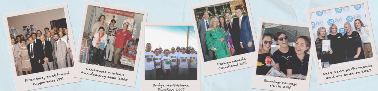 Six snapshot images of fundraising events over the years including Christmas markets, fun runs, fashion parades, sausage sizzles and art auctions.
