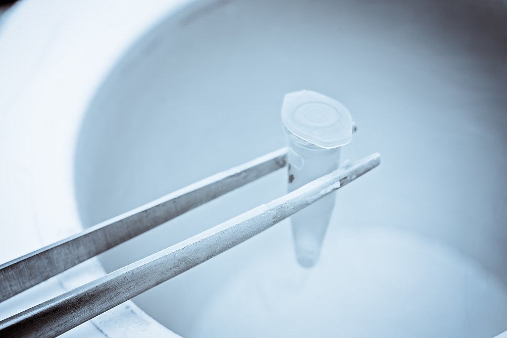 Close up of scientific clamp holding small vial which appears to be frozen over a container of liquid